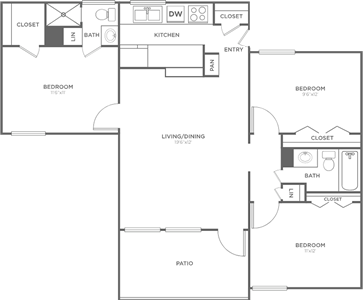D2 - Three Bedroom / Two Bath floor plan